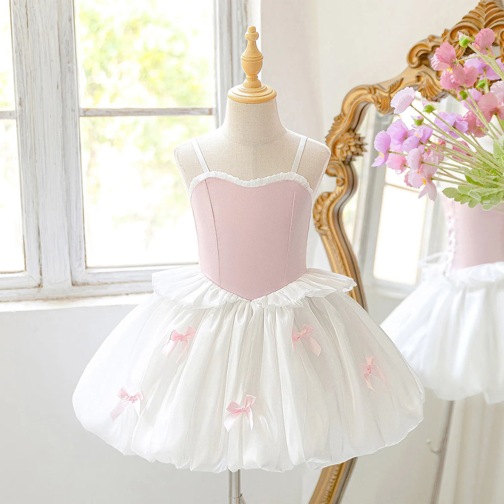 Toddler Kids Girls Ballet Tutu Lyrical Dance Dress Ballerina Performance Costume Adjustable Straps Bowknot Ruffles Bubble Dress