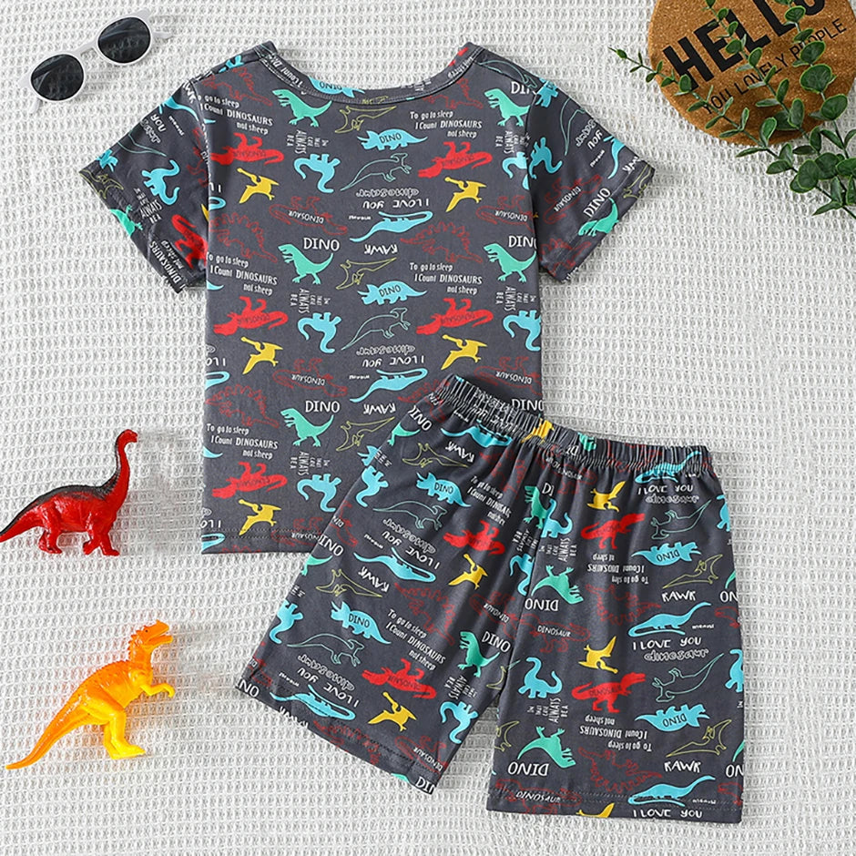2-piece summer children's dinosaur print set, cute short sleeved T-shirt for boys and girls, elastic waist, comfortable shorts