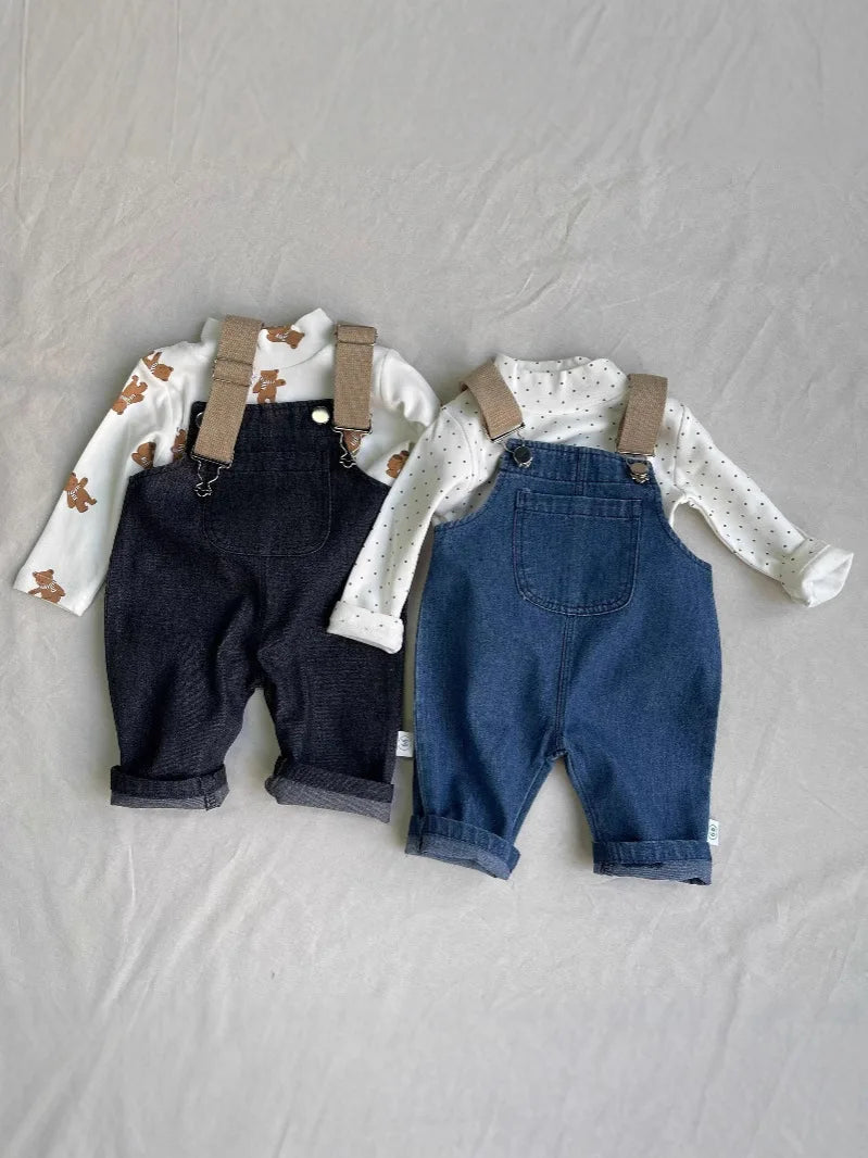 2026 Spring New Baby Fashion Denim Overalls Infant Boy Loose Strap Trousers Girls Solid Versatile Casual Pants Toddler Jeans