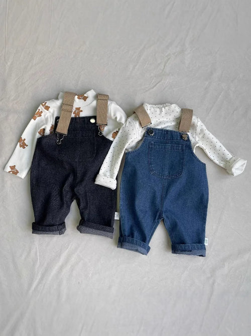 2026 Spring New Baby Fashion Denim Overalls Infant Boy Loose Strap Trousers Girls Solid Versatile Casual Pants Toddler Jeans