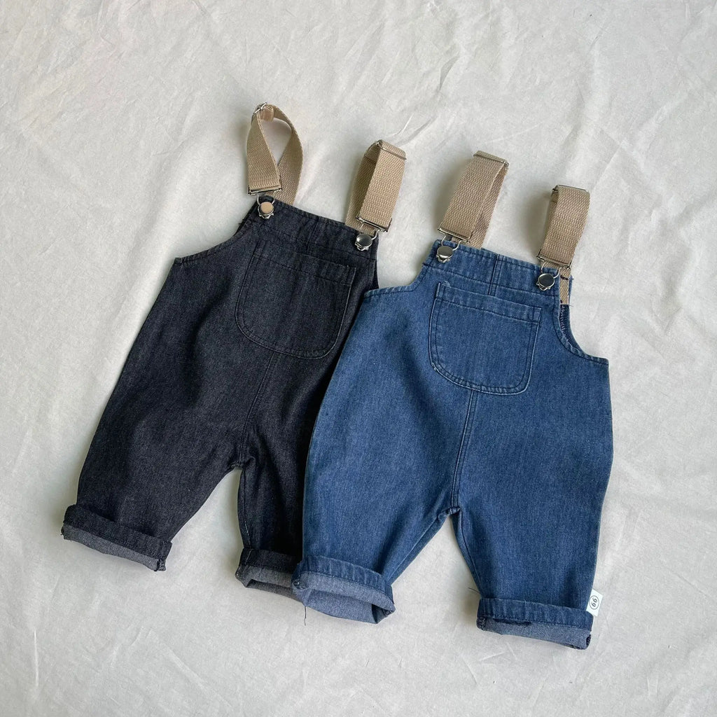 2026 Spring New Baby Fashion Denim Overalls Infant Boy Loose Strap Trousers Girls Solid Versatile Casual Pants Toddler Jeans