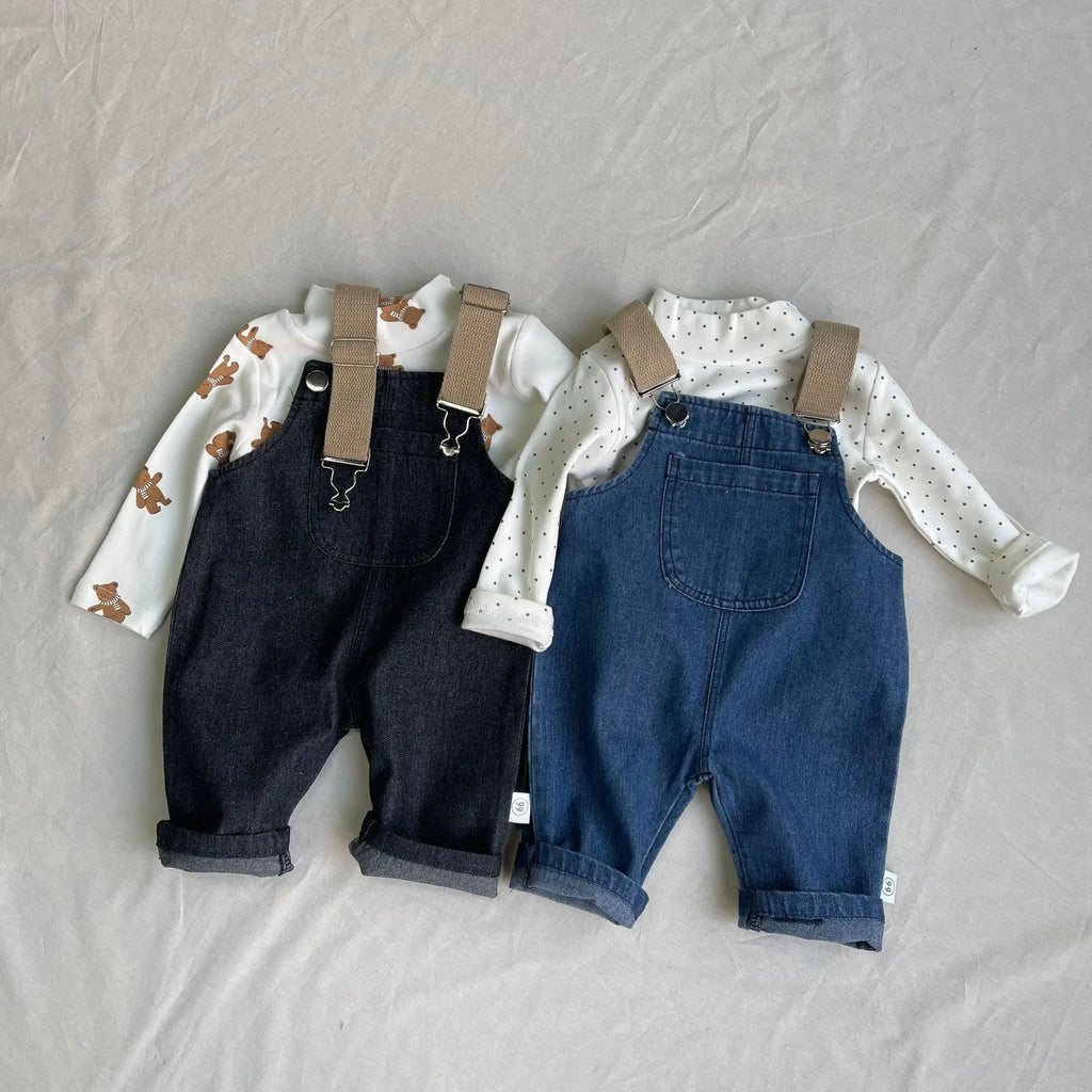 2026 Spring New Baby Fashion Denim Overalls Infant Boy Loose Strap Trousers Girls Solid Versatile Casual Pants Toddler Jeans