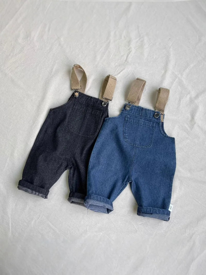 2026 Spring New Baby Fashion Denim Overalls Infant Boy Loose Strap Trousers Girls Solid Versatile Casual Pants Toddler Jeans