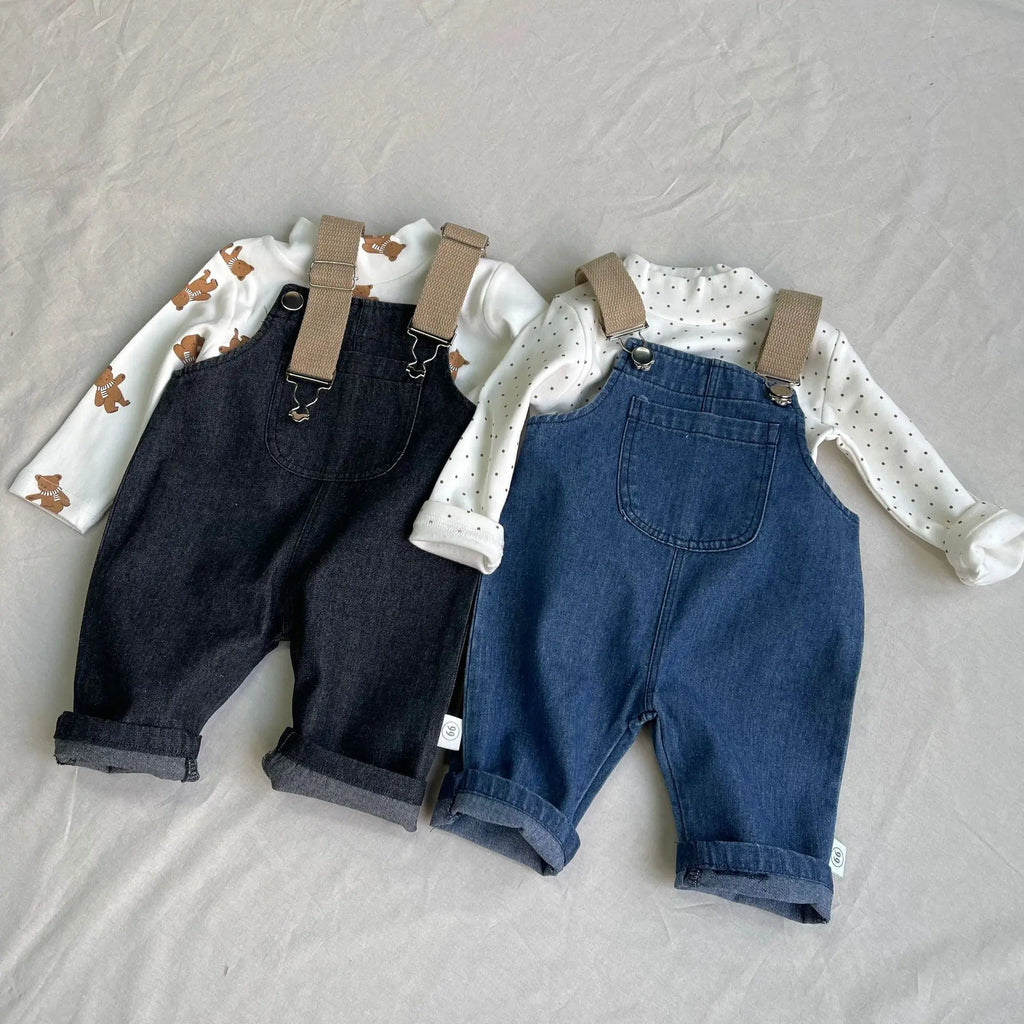 2026 Spring New Baby Fashion Denim Overalls Infant Boy Loose Strap Trousers Girls Solid Versatile Casual Pants Toddler Jeans