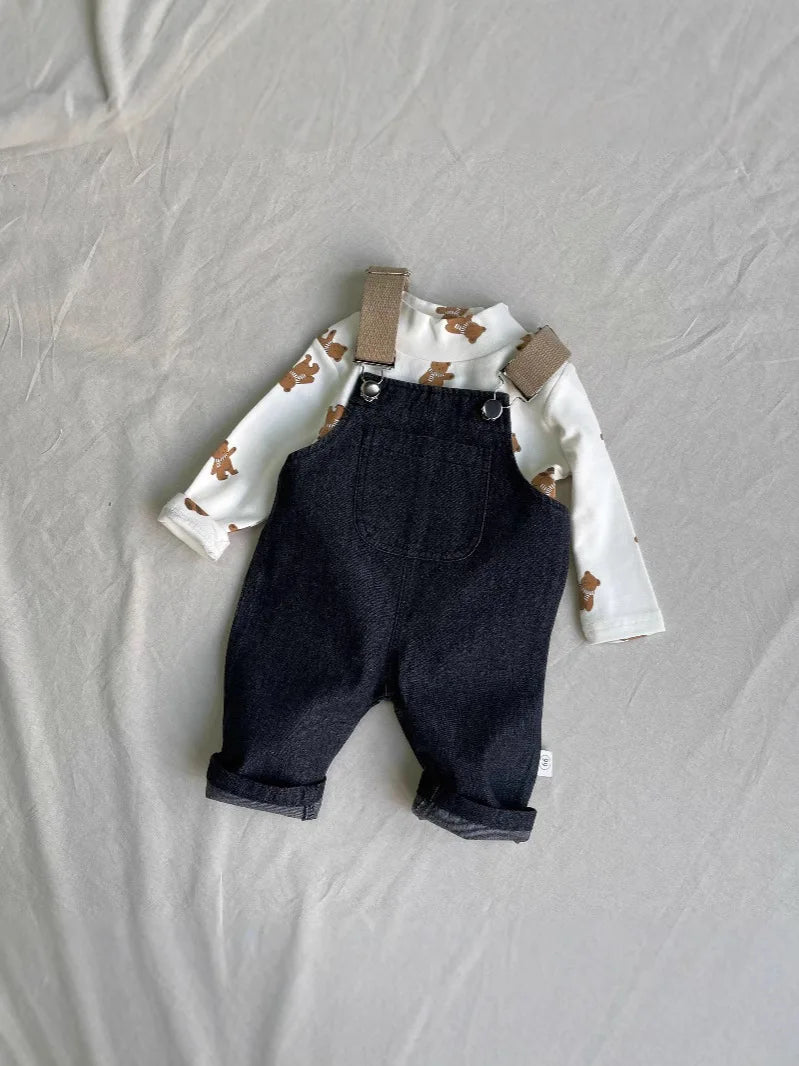 2026 Spring New Baby Fashion Denim Overalls Infant Boy Loose Strap Trousers Girls Solid Versatile Casual Pants Toddler Jeans