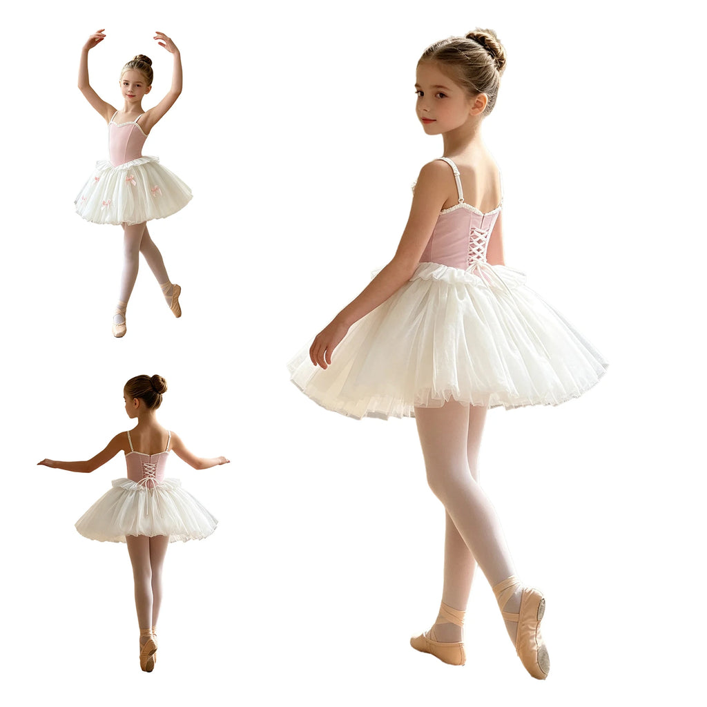 Toddler Kids Girls Ballet Tutu Lyrical Dance Dress Ballerina Performance Costume Adjustable Straps Bowknot Ruffles Bubble Dress
