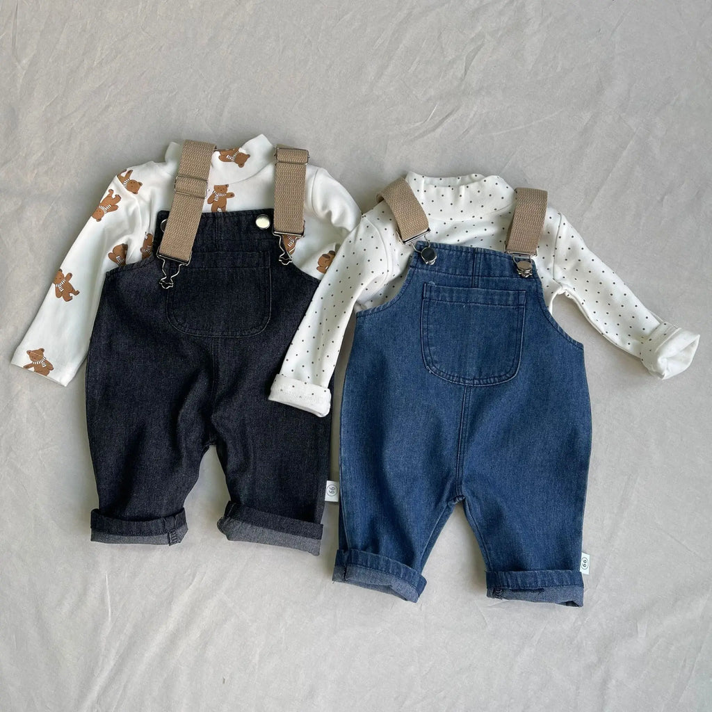 2026 Spring New Baby Fashion Denim Overalls Infant Boy Loose Strap Trousers Girls Solid Versatile Casual Pants Toddler Jeans