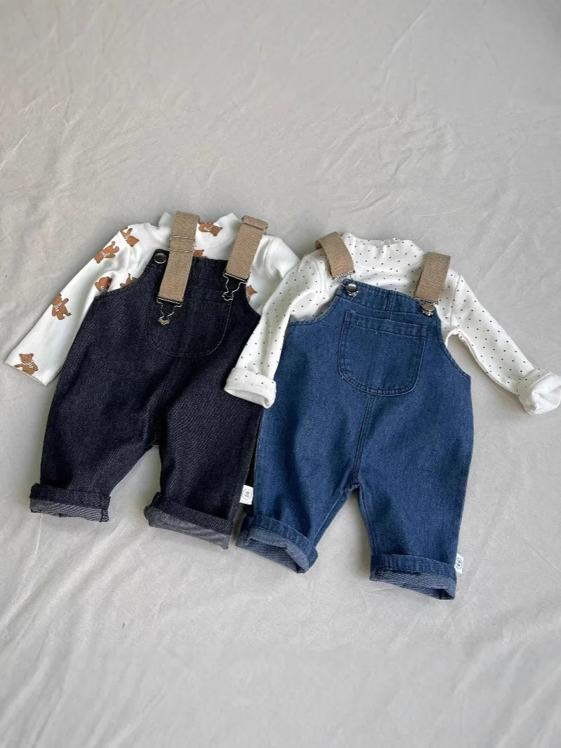2026 Spring New Baby Fashion Denim Overalls Infant Boy Loose Strap Trousers Girls Solid Versatile Casual Pants Toddler Jeans