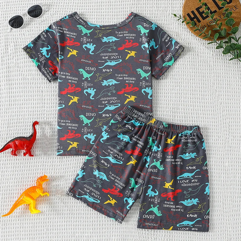 2-piece summer children's dinosaur print set, cute short sleeved T-shirt for boys and girls, elastic waist, comfortable shorts