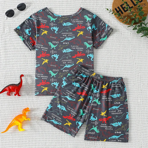 2-piece summer children's dinosaur print set, cute short sleeved T-shirt for boys and girls, elastic waist, comfortable shorts