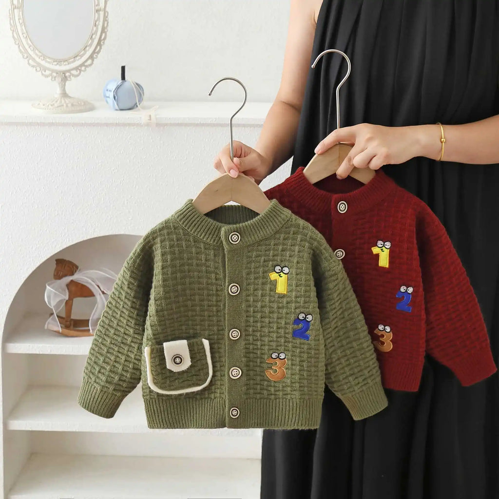Children's Sweater Embroidered Cartoon Letter Knitted Cardigan 2026 Autumn and Winter Baby Sweater Jacket