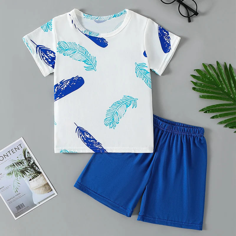 2-piece summer children's dinosaur print set, cute short sleeved T-shirt for boys and girls, elastic waist, comfortable shorts