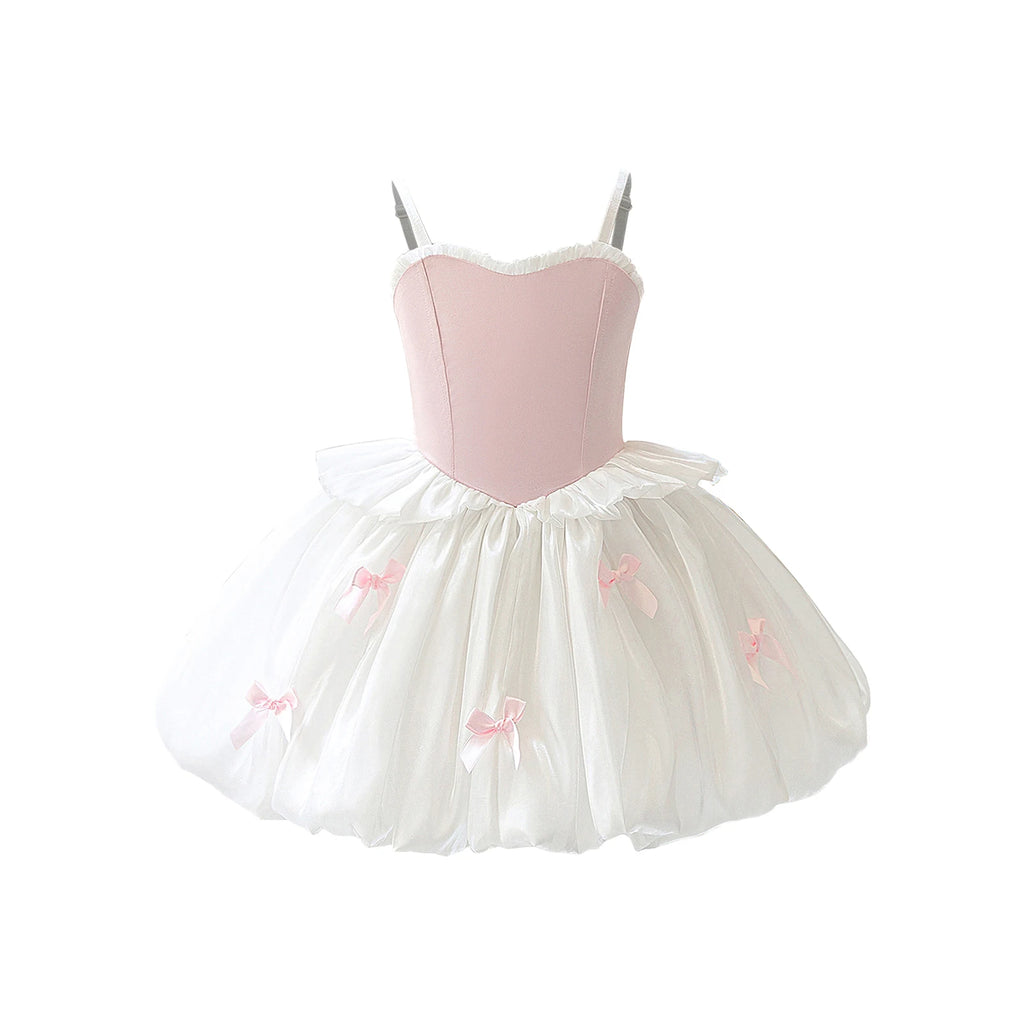 Toddler Kids Girls Ballet Tutu Lyrical Dance Dress Ballerina Performance Costume Adjustable Straps Bowknot Ruffles Bubble Dress