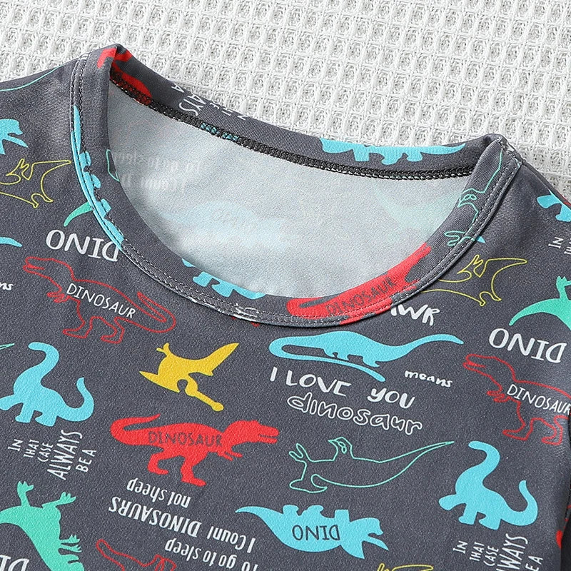 2-piece summer children's dinosaur print set, cute short sleeved T-shirt for boys and girls, elastic waist, comfortable shorts