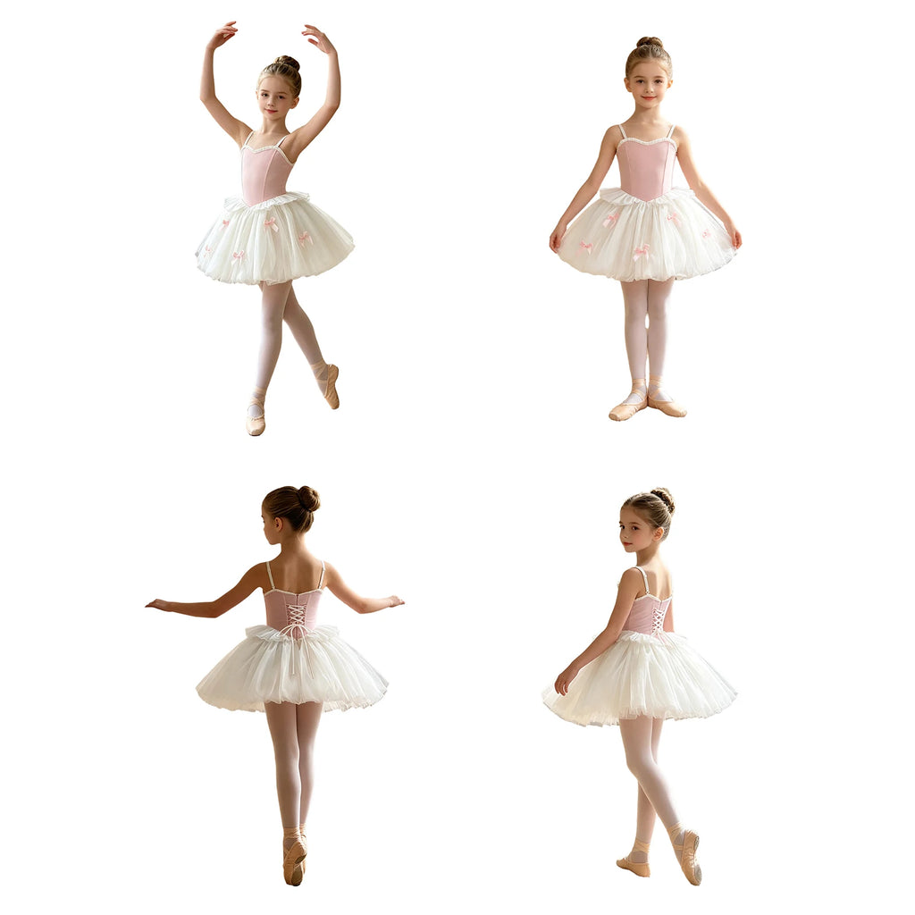 Toddler Kids Girls Ballet Tutu Lyrical Dance Dress Ballerina Performance Costume Adjustable Straps Bowknot Ruffles Bubble Dress