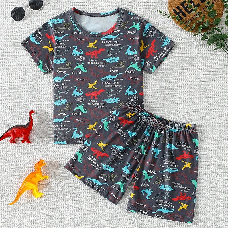 2-piece summer children's dinosaur print set, cute short sleeved T-shirt for boys and girls, elastic waist, comfortable shorts