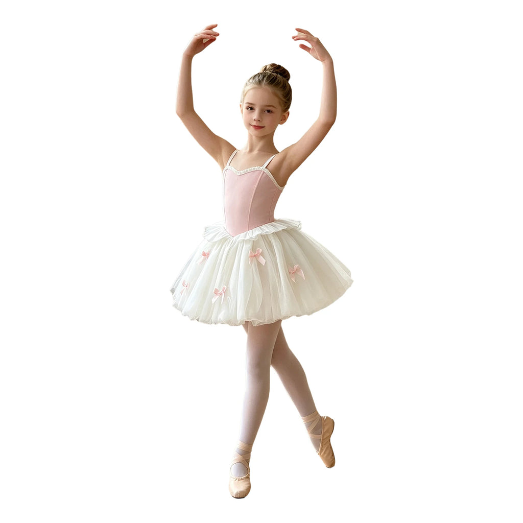 Toddler Kids Girls Ballet Tutu Lyrical Dance Dress Ballerina Performance Costume Adjustable Straps Bowknot Ruffles Bubble Dress