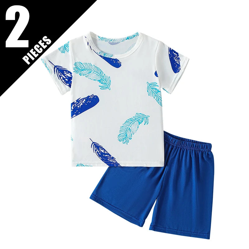 2-piece summer children's dinosaur print set, cute short sleeved T-shirt for boys and girls, elastic waist, comfortable shorts