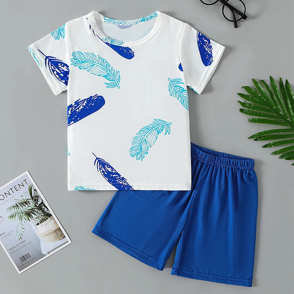 2-piece summer children's dinosaur print set, cute short sleeved T-shirt for boys and girls, elastic waist, comfortable shorts