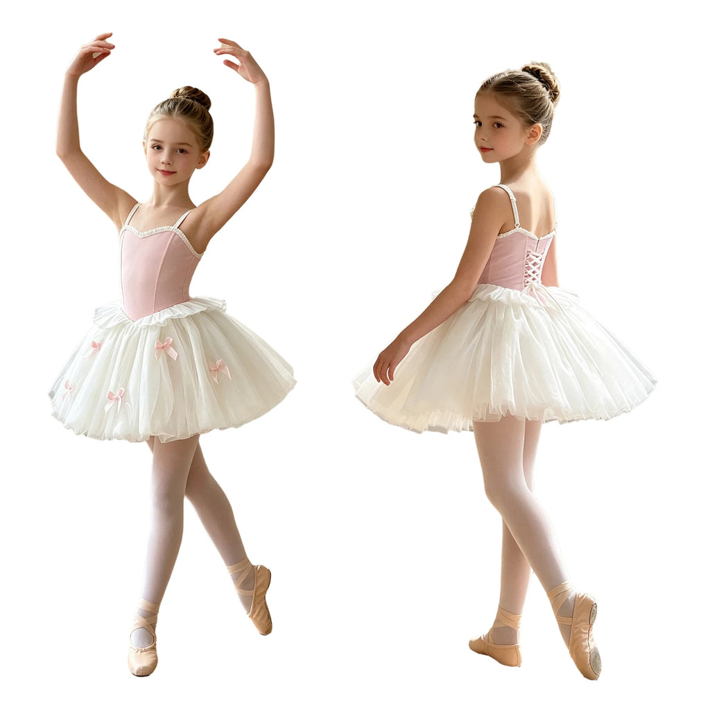 Toddler Kids Girls Ballet Tutu Lyrical Dance Dress Ballerina Performance Costume Adjustable Straps Bowknot Ruffles Bubble Dress