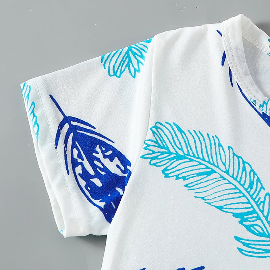 2-piece summer children's dinosaur print set, cute short sleeved T-shirt for boys and girls, elastic waist, comfortable shorts