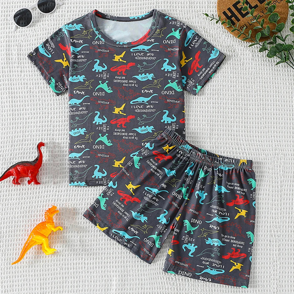 2-piece summer children's dinosaur print set, cute short sleeved T-shirt for boys and girls, elastic waist, comfortable shorts