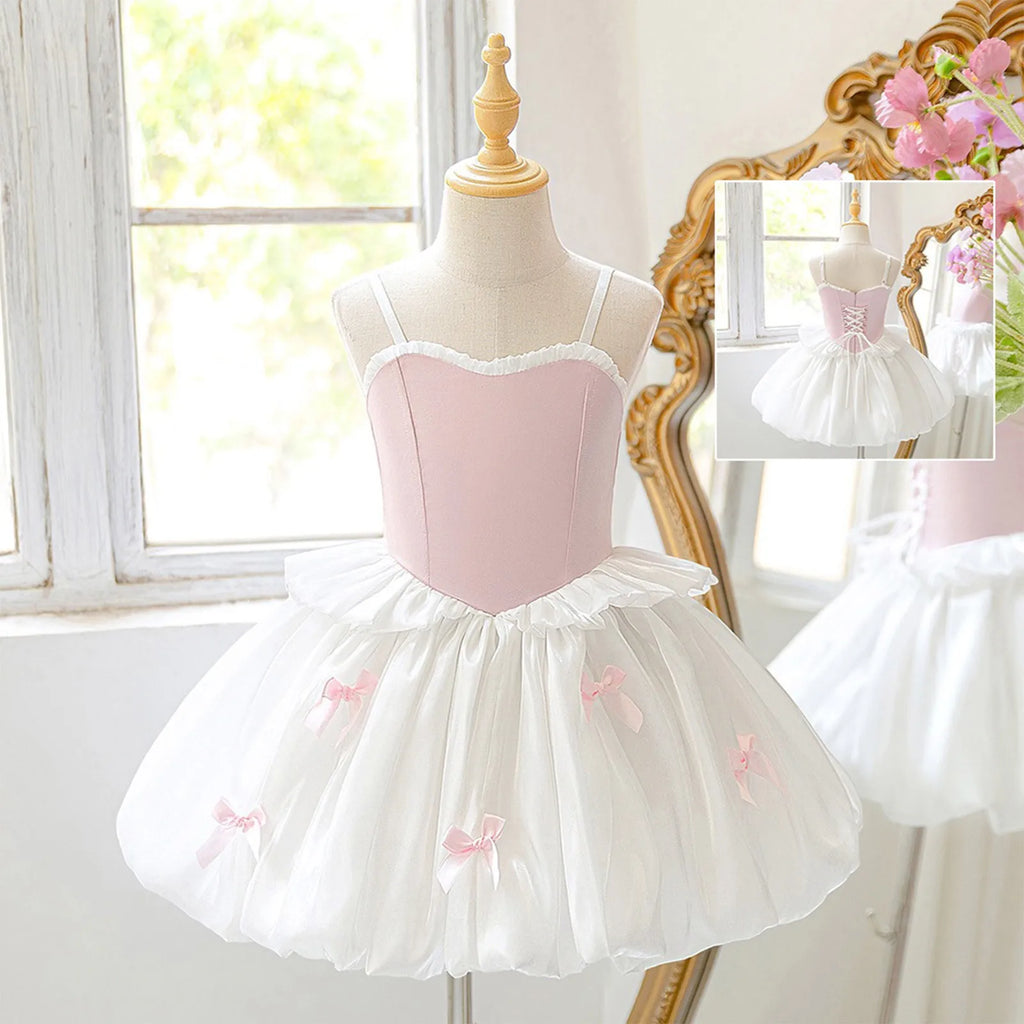 Toddler Kids Girls Ballet Tutu Lyrical Dance Dress Ballerina Performance Costume Adjustable Straps Bowknot Ruffles Bubble Dress