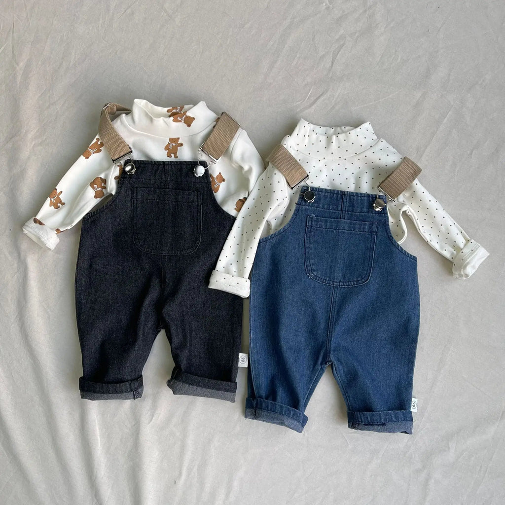 2026 Spring New Baby Fashion Denim Overalls Infant Boy Loose Strap Trousers Girls Solid Versatile Casual Pants Toddler Jeans