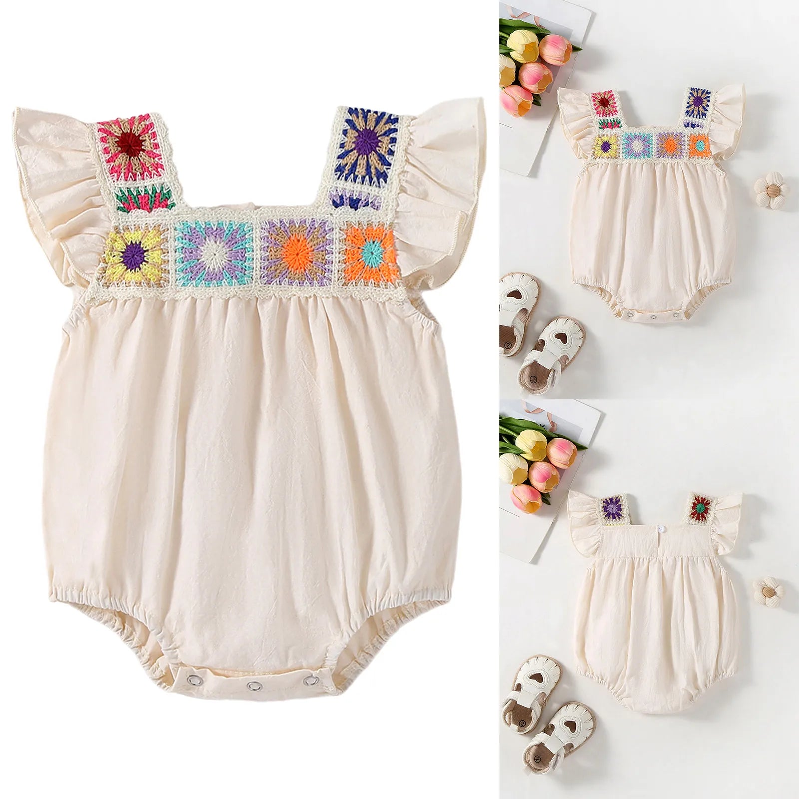 Little Girls Vacation Boho Romper Summer Casual Ruffles Flower Bodysuit Daily Beach Holiday Birthday Party Photography Costume